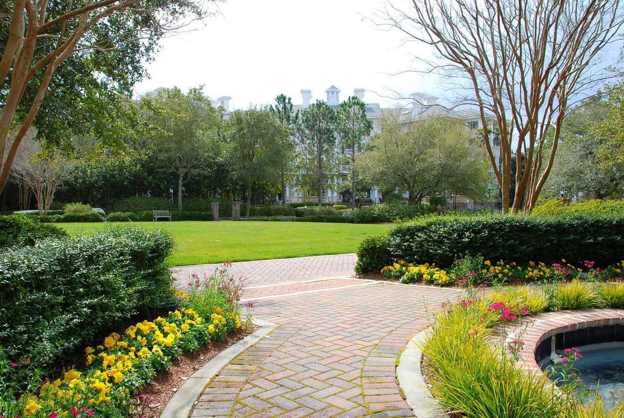 Garden walkway through landscaped southern grounds